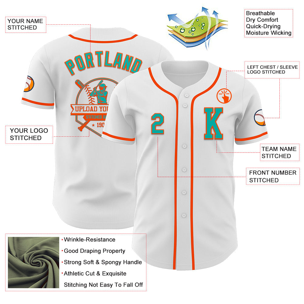 Custom White Aqua-Orange Authentic Baseball Jersey view 6
