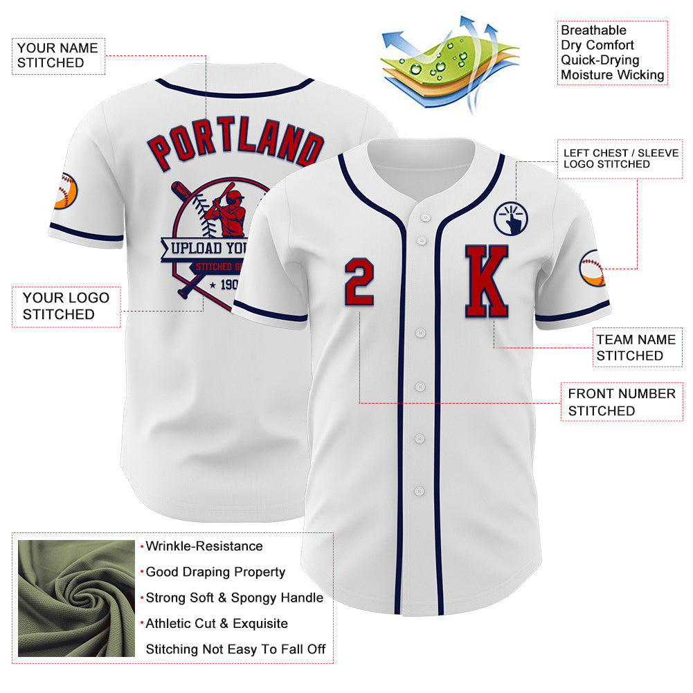 Custom White Red-Navy Authentic Baseball Jersey view 6
