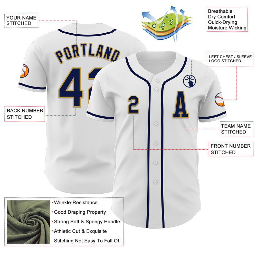 Custom White Navy-Old Gold Authentic Baseball Jersey view 2