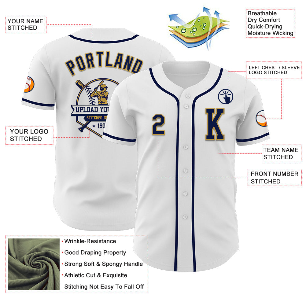Custom White Navy-Old Gold Authentic Baseball Jersey view 6