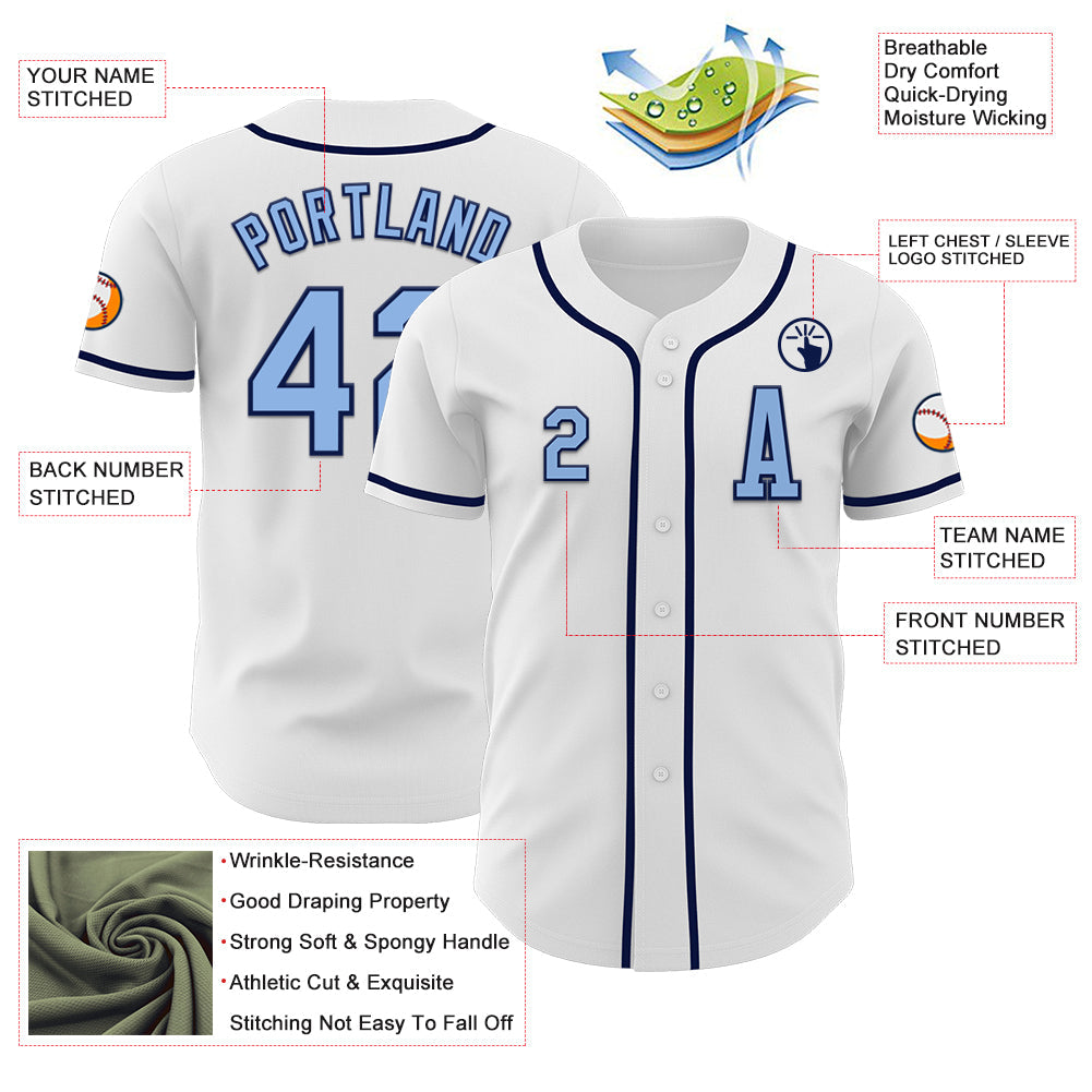 Custom White Light Blue-Navy Authentic Baseball Jersey view 2
