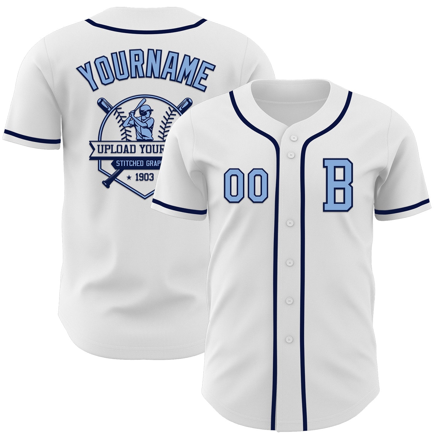 Custom White Light Blue-Navy Authentic Baseball Jersey view 5