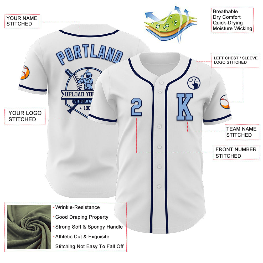 Custom White Light Blue-Navy Authentic Baseball Jersey view 6