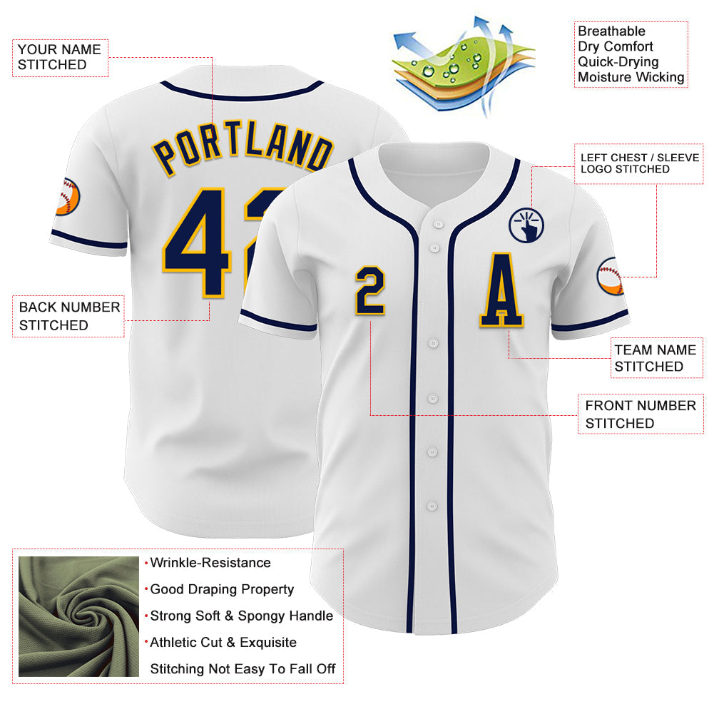 Custom White Navy-Gold Authentic Baseball Jersey view 2
