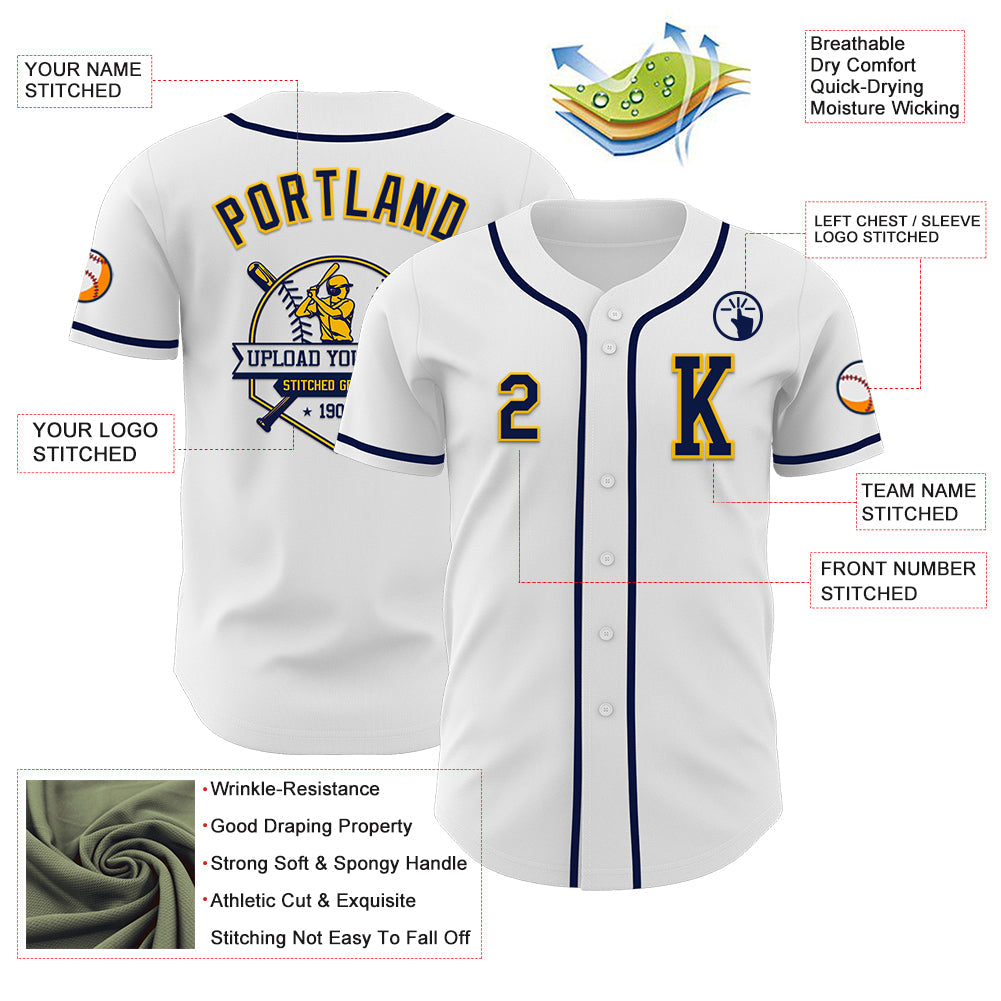 Custom White Navy-Gold Authentic Baseball Jersey view 6