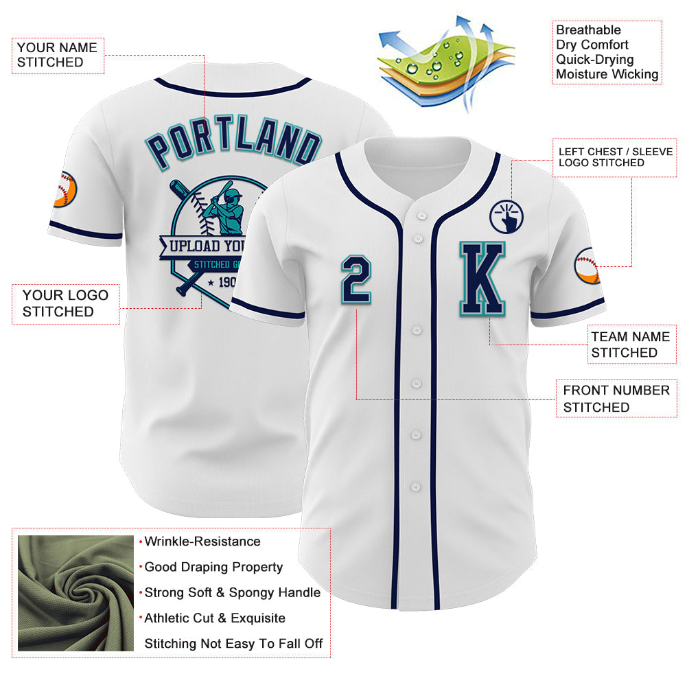 Custom White Navy Gray-Teal Authentic Baseball Jersey view 6