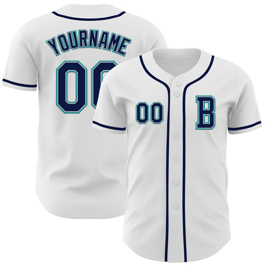 Custom White Navy Gray-Teal Authentic Baseball Jersey - Main View