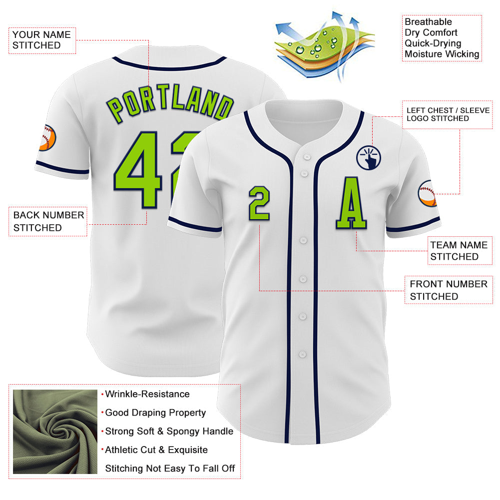 Custom White Neon Green-Navy Authentic Baseball Jersey view 2