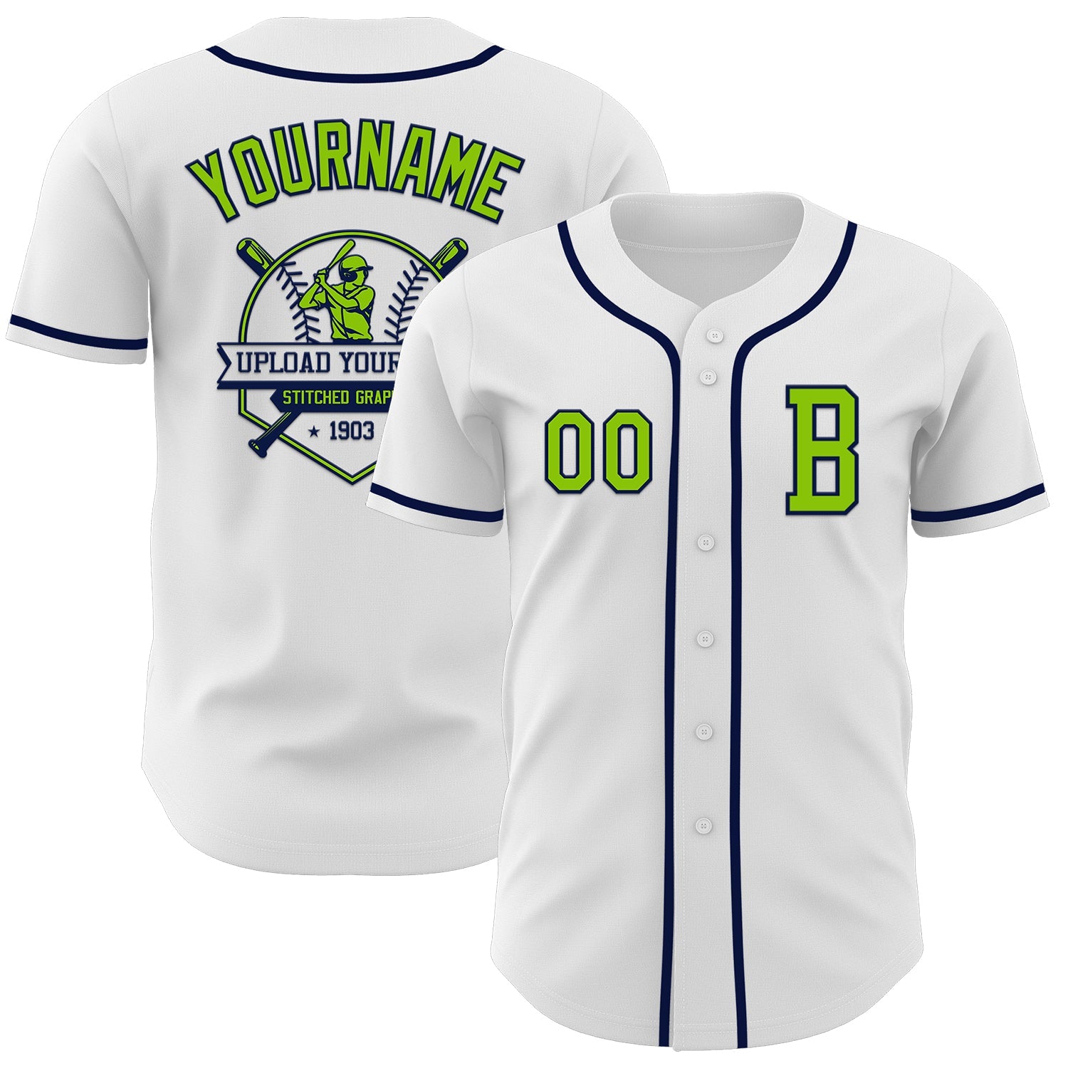 Custom White Neon Green-Navy Authentic Baseball Jersey view 5