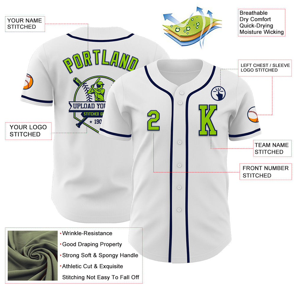 Custom White Neon Green-Navy Authentic Baseball Jersey view 6