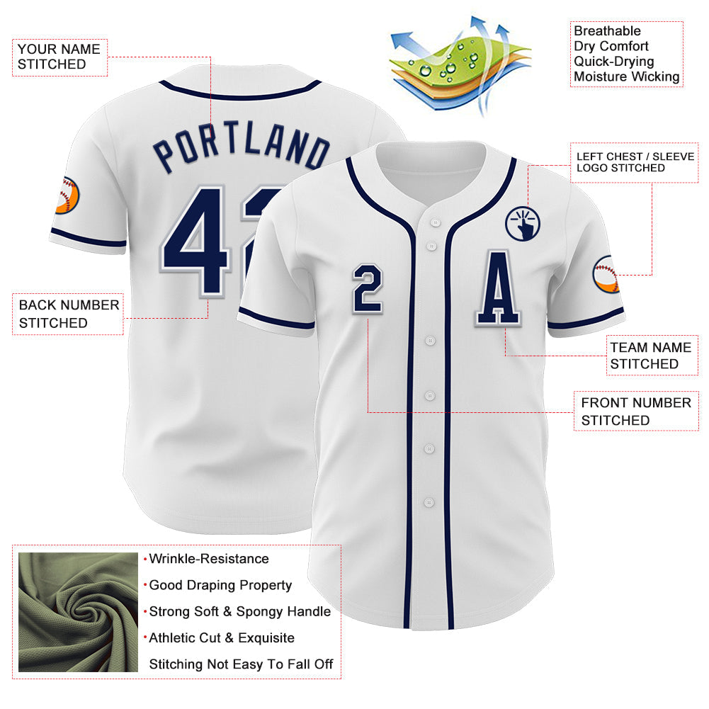 Custom White Navy-Gray Authentic Baseball Jersey view 2