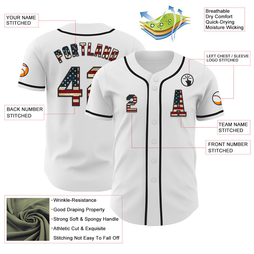 Custom White Vintage USA Flag-Black Authentic Baseball Jersey view 2