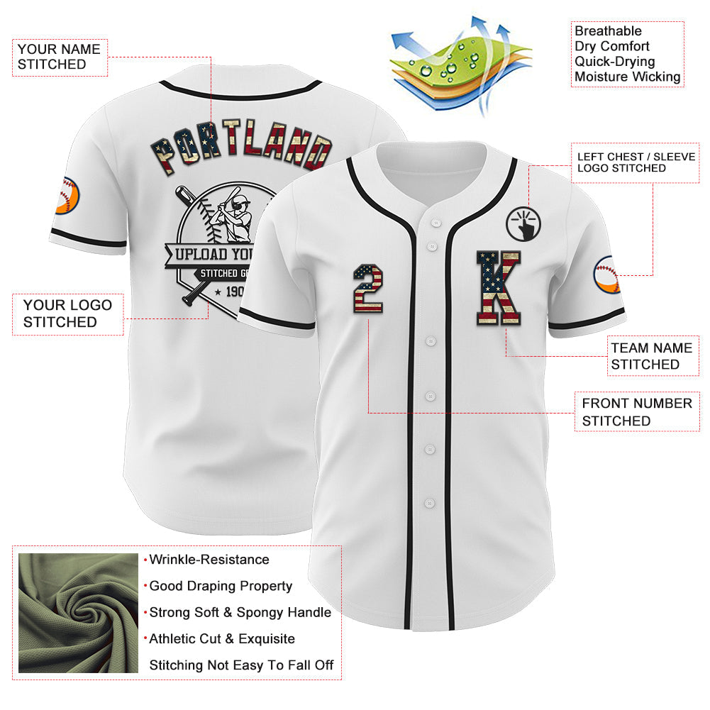 Custom White Vintage USA Flag-Black Authentic Baseball Jersey view 6