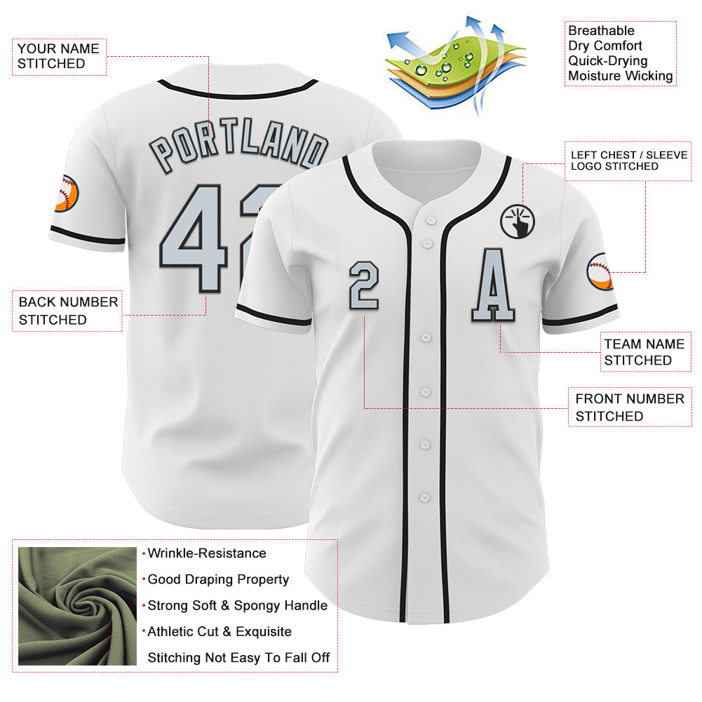 Custom White Silver-Black Authentic Baseball Jersey view 2