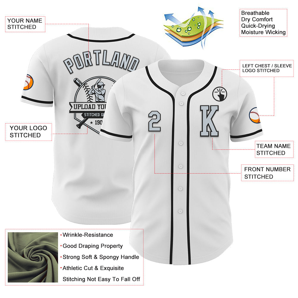 Custom White Silver-Black Authentic Baseball Jersey view 6
