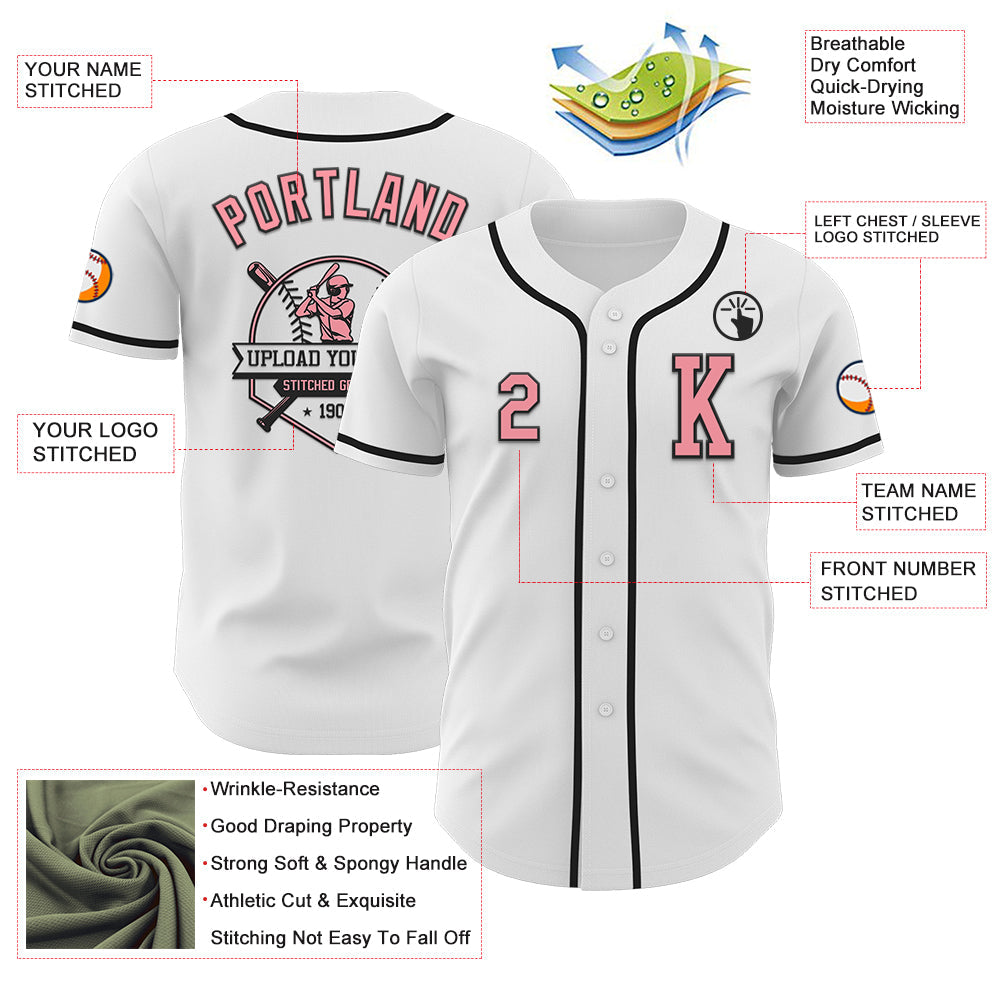 Custom White Medium Pink-Black Authentic Baseball Jersey view 6