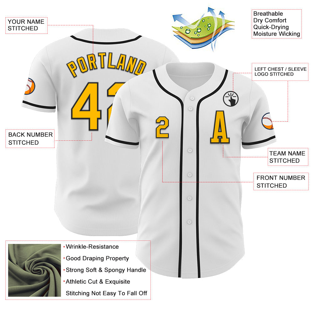 Custom White Gold-Black Authentic Baseball Jersey view 2