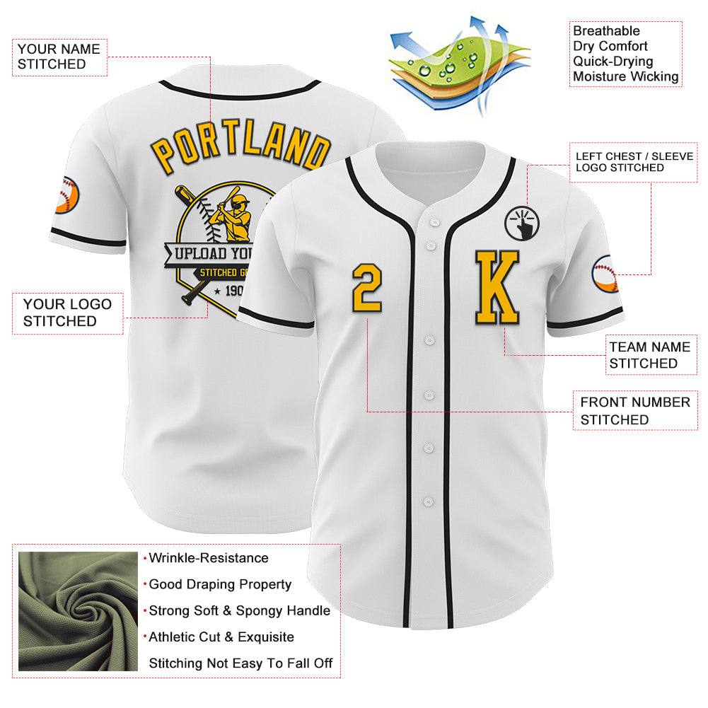 Custom White Gold-Black Authentic Baseball Jersey view 6