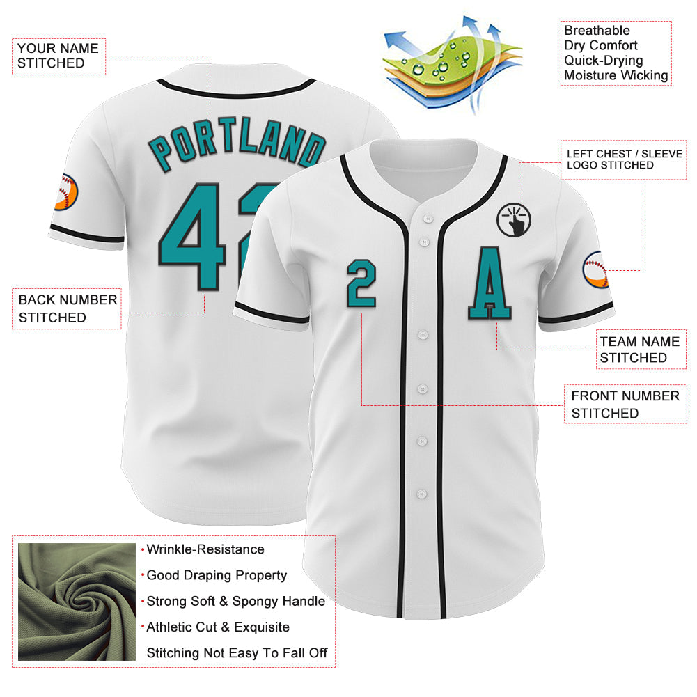 Custom White Teal-Black Authentic Baseball Jersey view 2