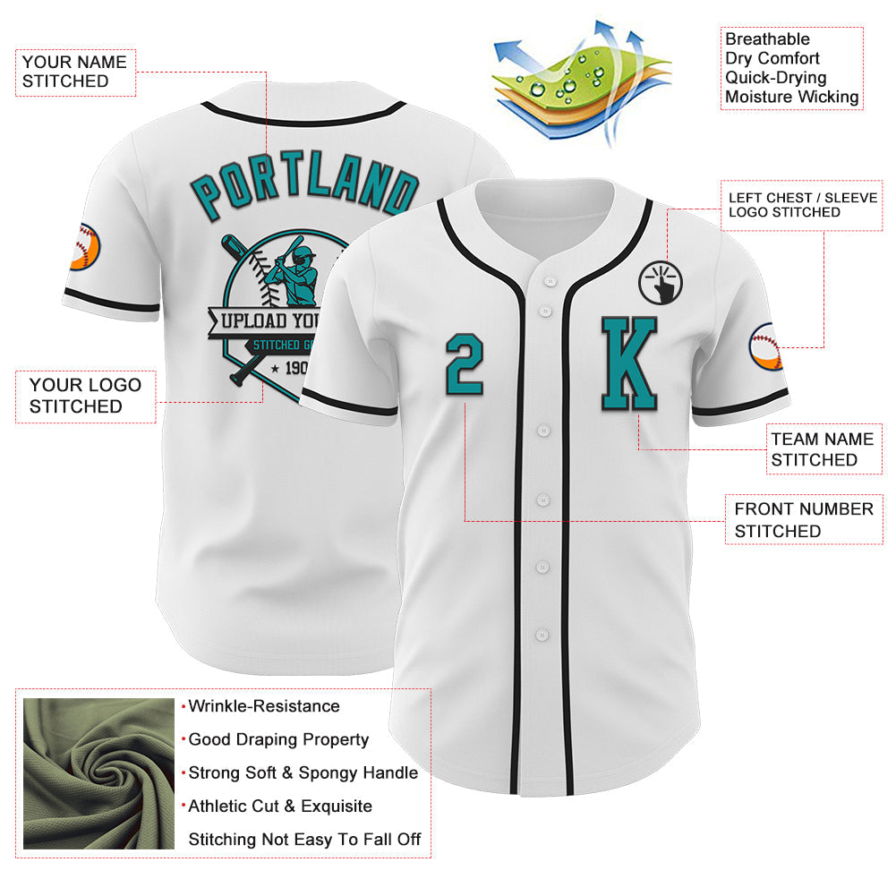Custom White Teal-Black Authentic Baseball Jersey view 6