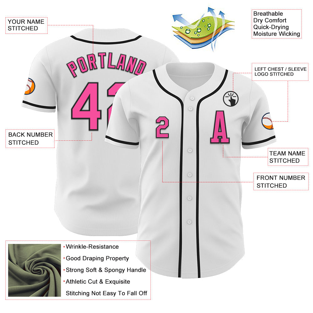 Custom White Pink-Black Authentic Baseball Jersey view 2