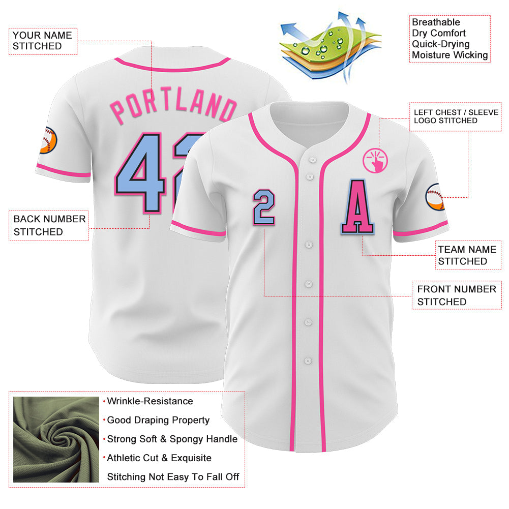 Custom White Light Blue Black-Pink Authentic Baseball Jersey view 2