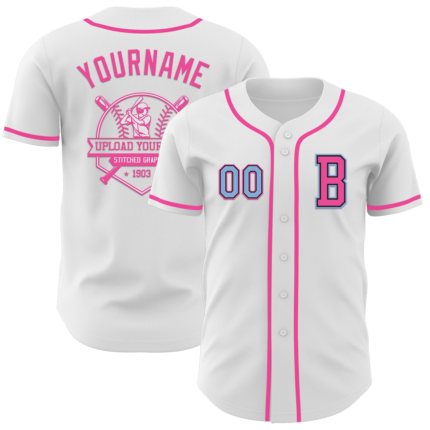 Custom White Light Blue Black-Pink Authentic Baseball Jersey view 5