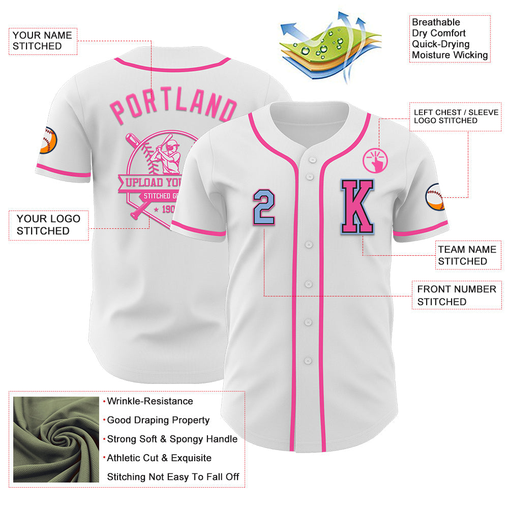 Custom White Light Blue Black-Pink Authentic Baseball Jersey view 6