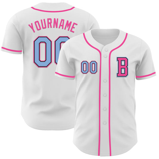 Custom White Light Blue Black-Pink Authentic Baseball Jersey - Main View