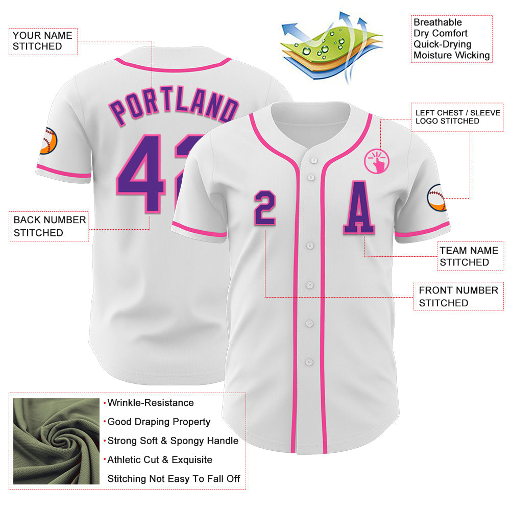 Custom White Purple-Pink Authentic Baseball Jersey view 2