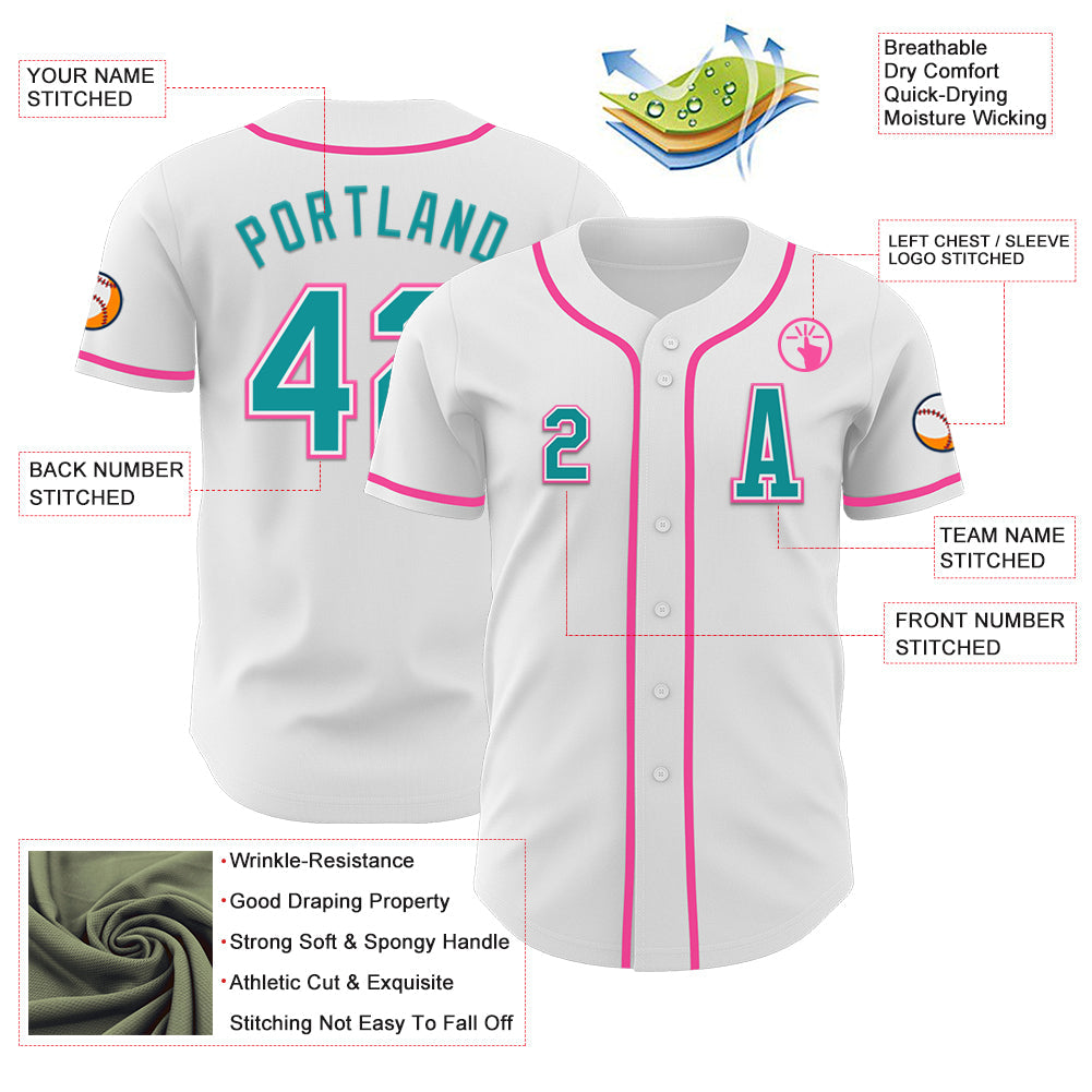 Custom White Teal-Pink Authentic Baseball Jersey view 2
