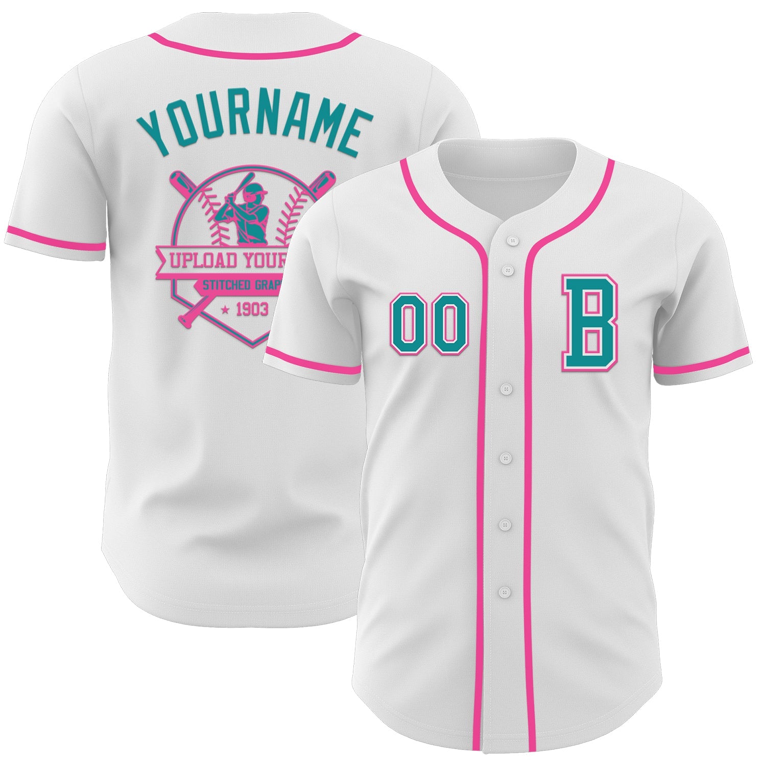 Custom White Teal-Pink Authentic Baseball Jersey view 5