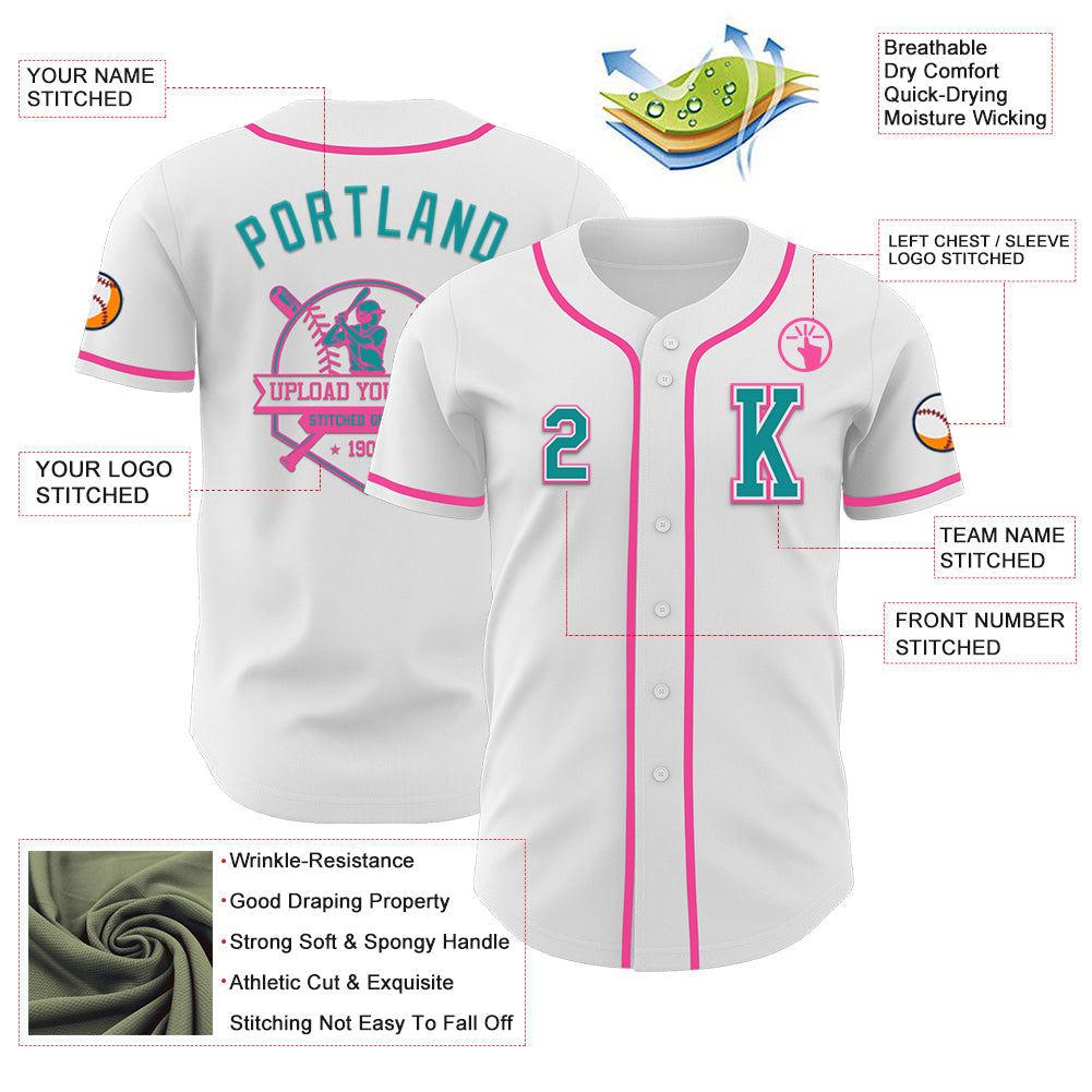 Custom White Teal-Pink Authentic Baseball Jersey view 6