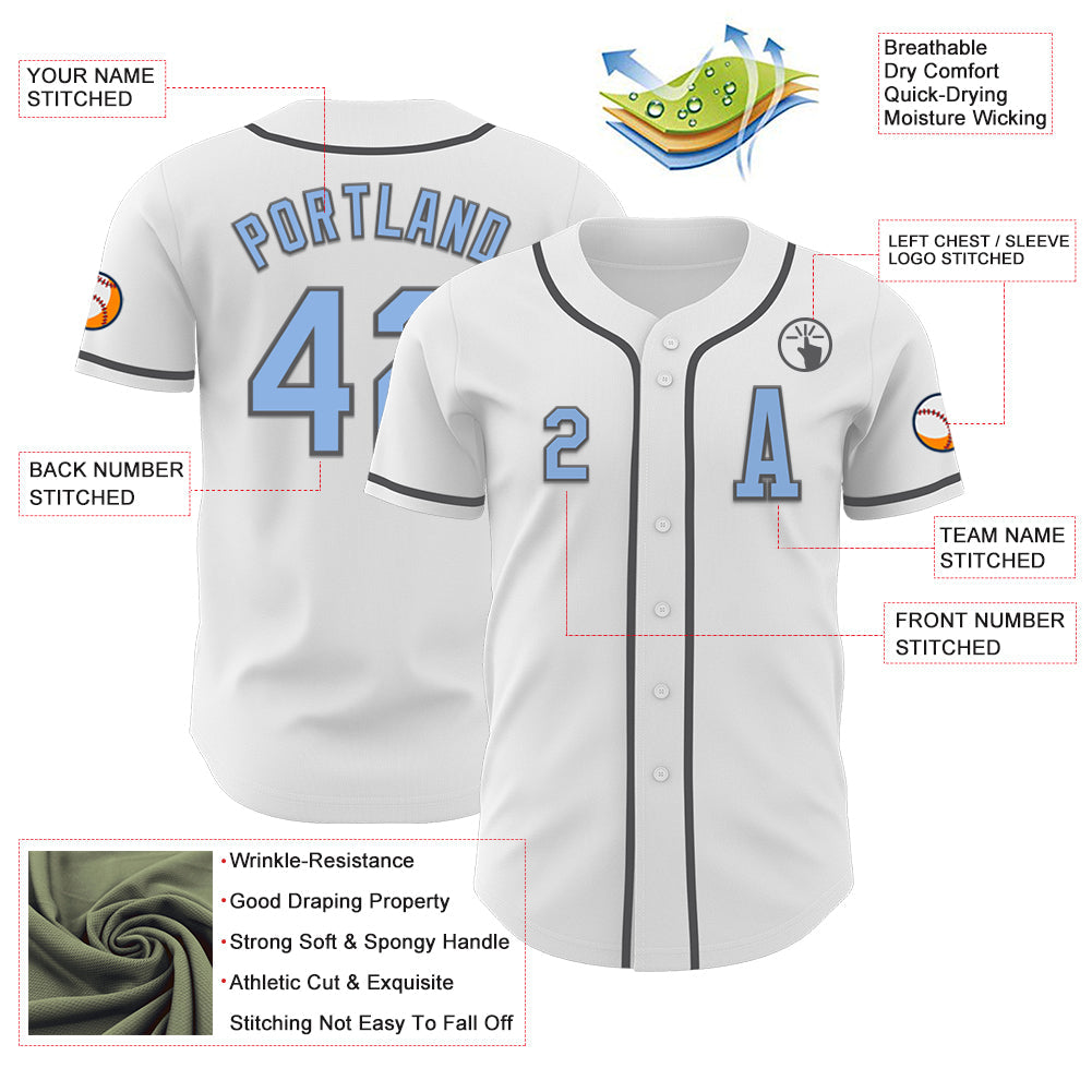 Custom White Light Blue-Steel Gray Authentic Baseball Jersey view 2