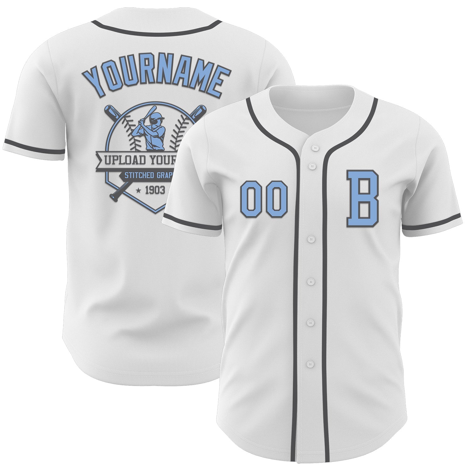 Custom White Light Blue-Steel Gray Authentic Baseball Jersey view 5