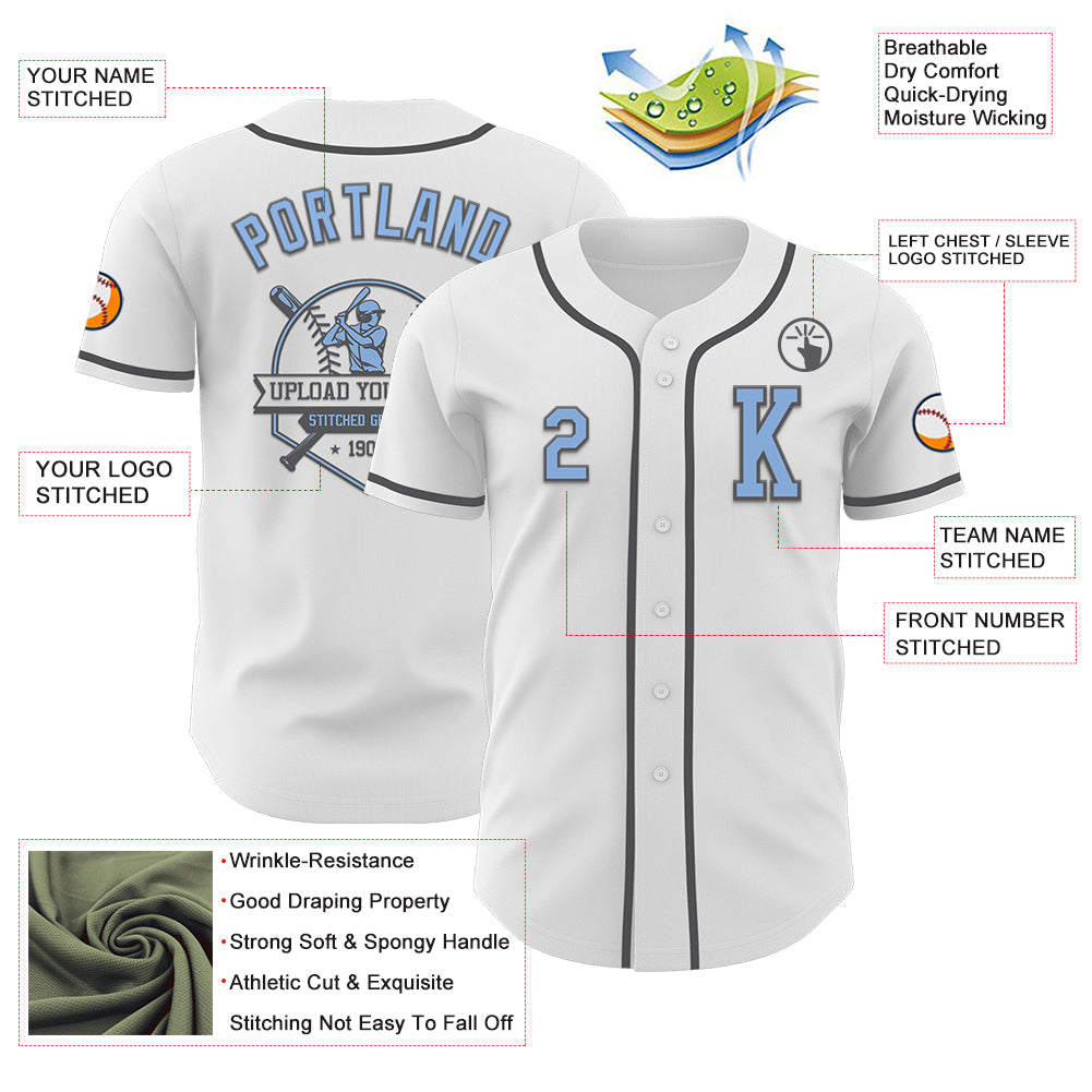 Custom White Light Blue-Steel Gray Authentic Baseball Jersey view 6