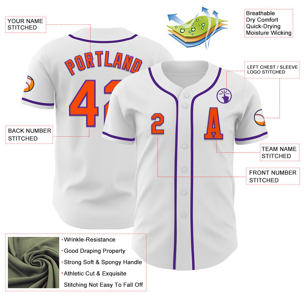 Custom White Orange-Purple Authentic Baseball Jersey view 2