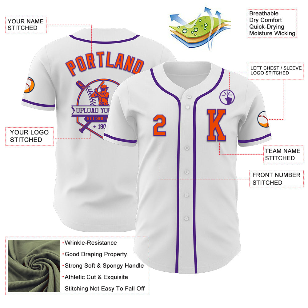 Custom White Orange-Purple Authentic Baseball Jersey view 6