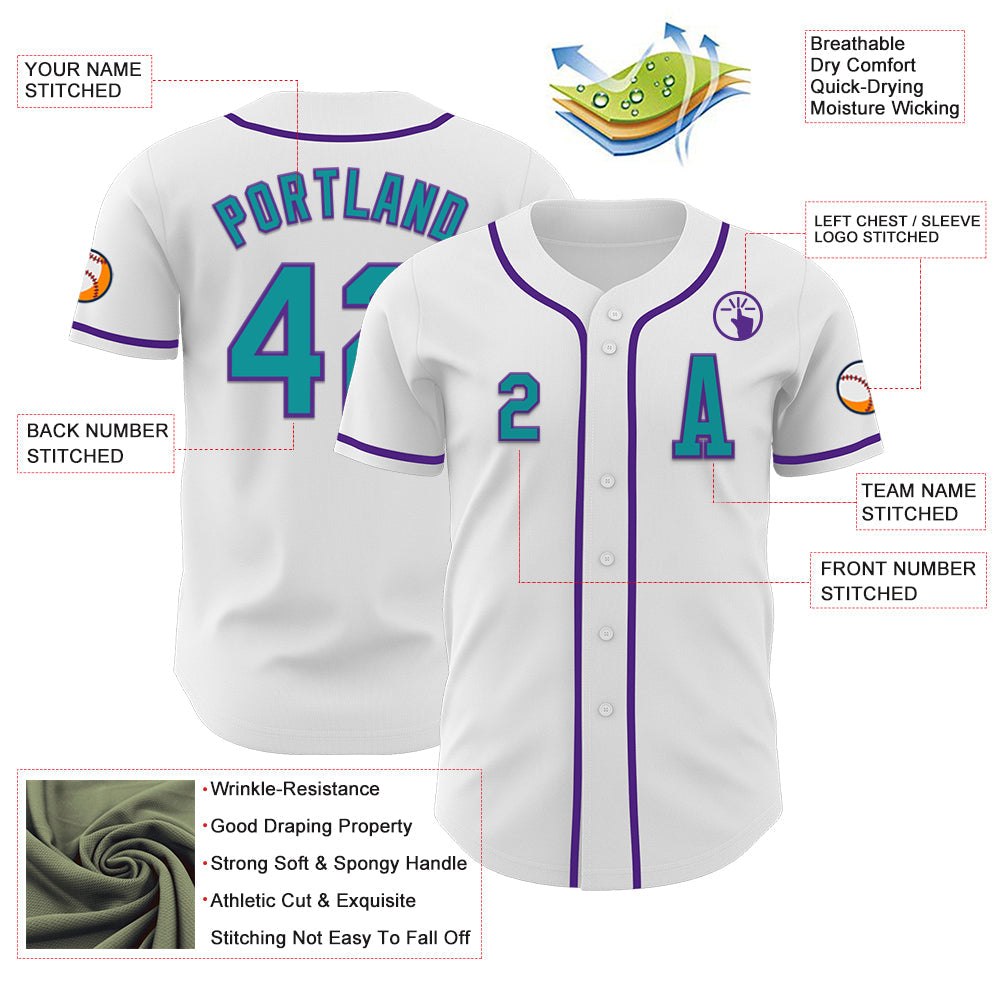 Custom White Teal-Purple Authentic Baseball Jersey view 2