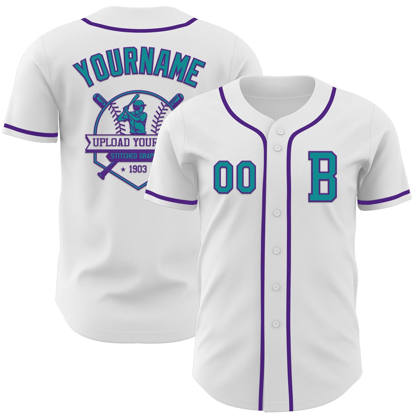 Custom White Teal-Purple Authentic Baseball Jersey view 5