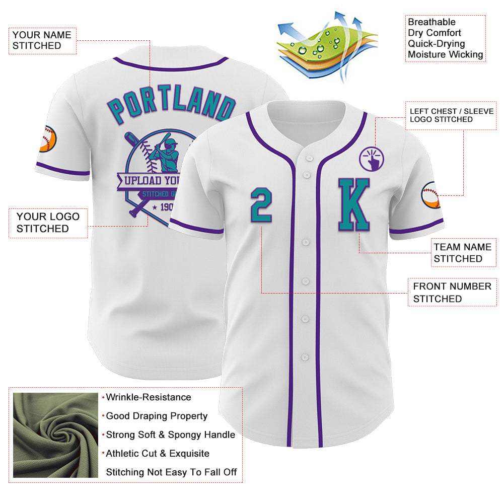 Custom White Teal-Purple Authentic Baseball Jersey view 6