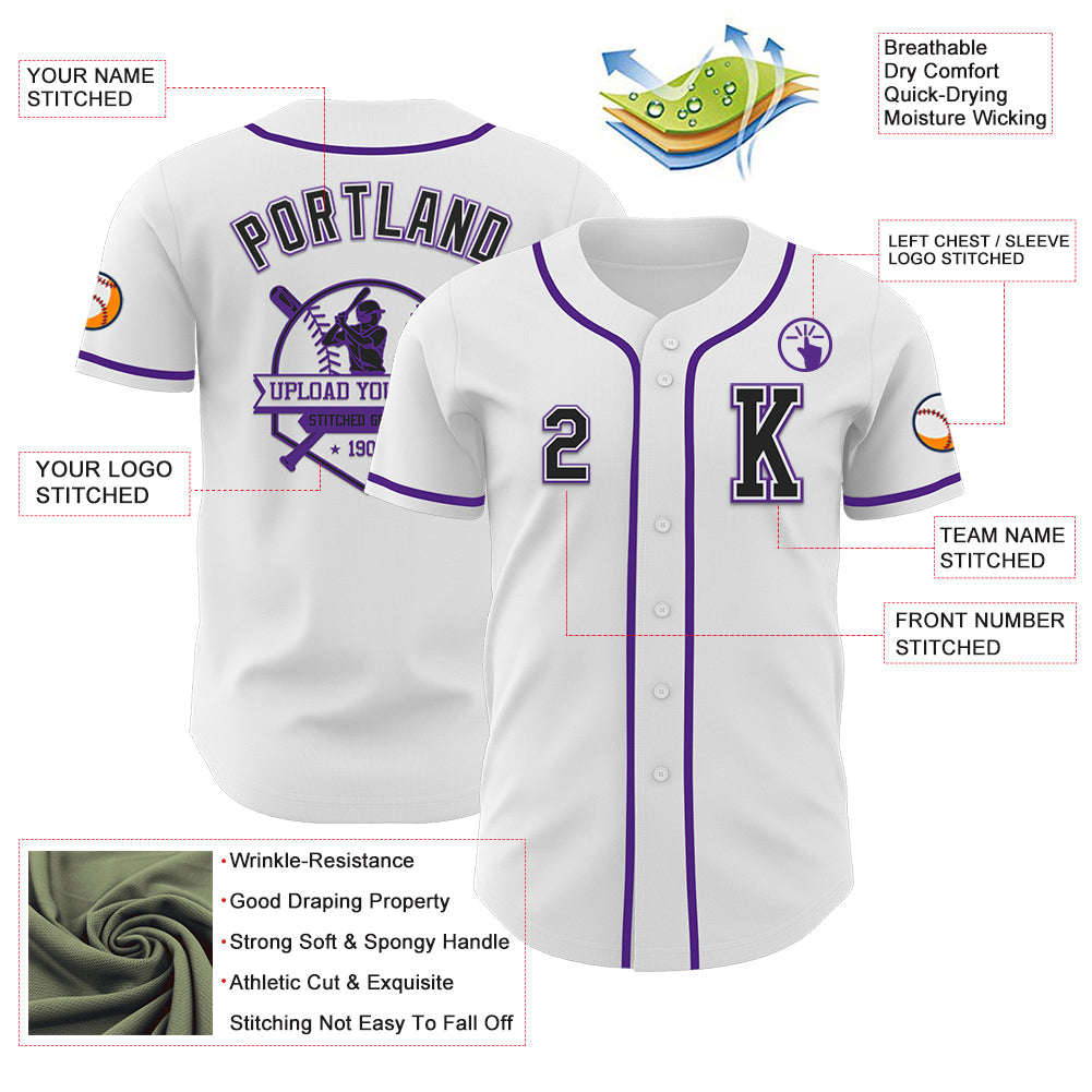 Custom White Black-Purple Authentic Baseball Jersey view 6