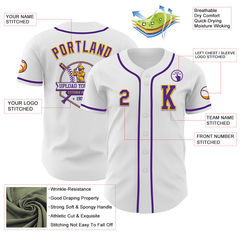 Custom White Purple-Gold Authentic Baseball Jersey view 6