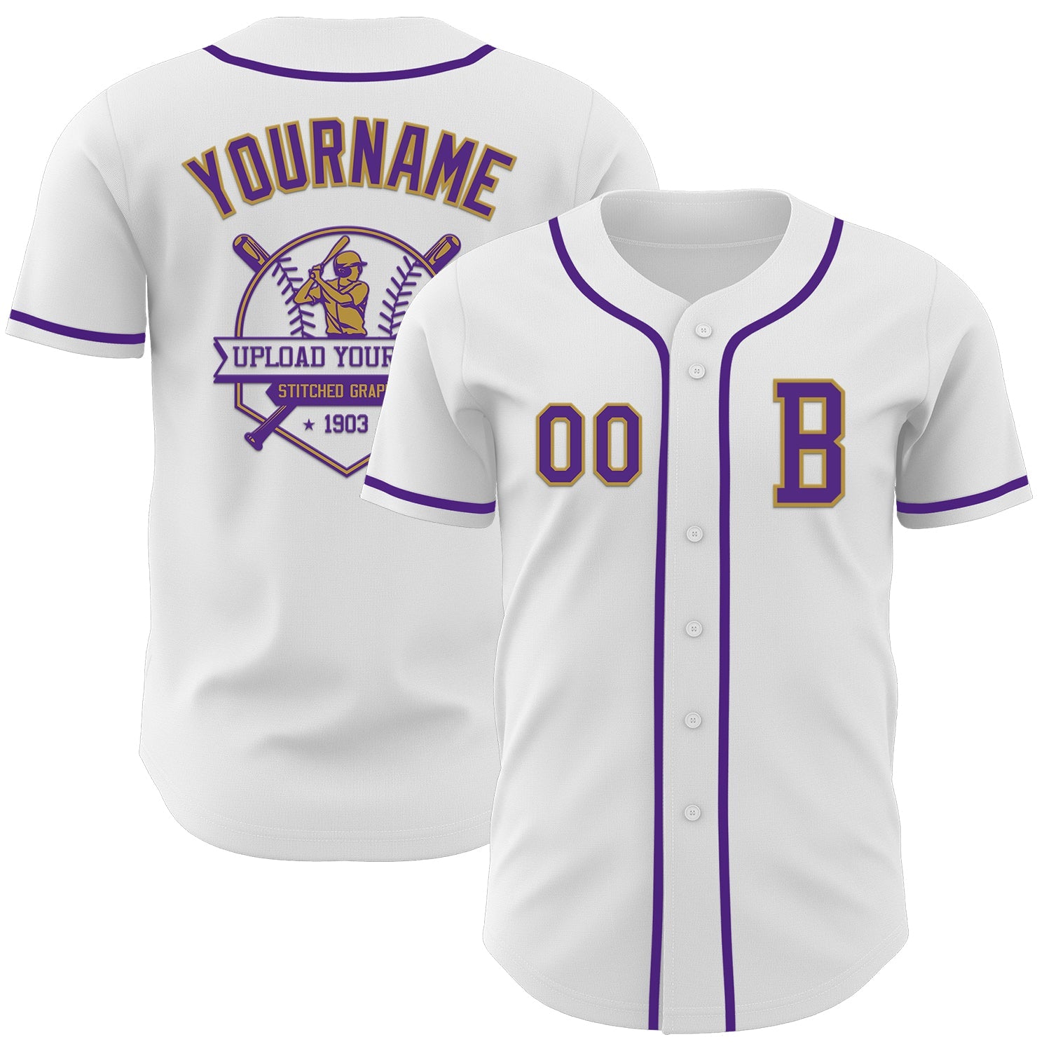 Custom White Purple-Old Gold Authentic Baseball Jersey view 5