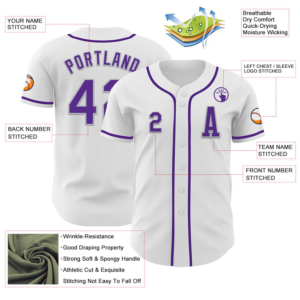 Custom White Purple-Gray Authentic Baseball Jersey view 2