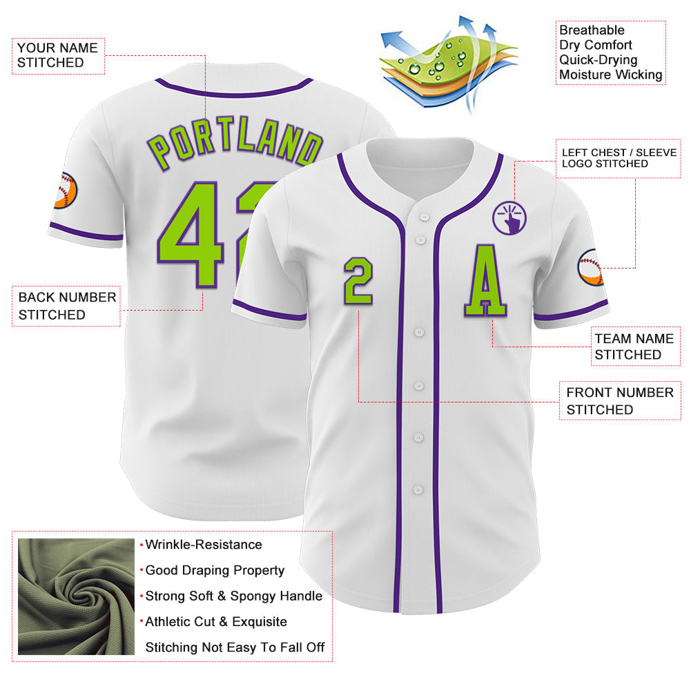 Custom White Neon Green-Purple Authentic Baseball Jersey view 2