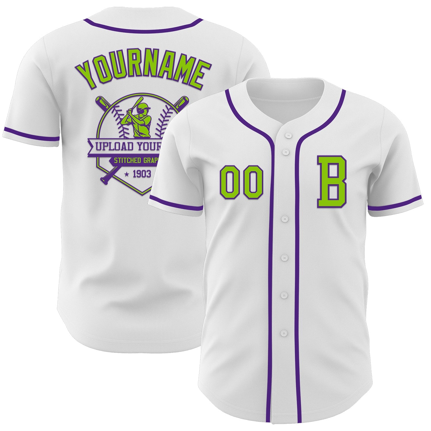 Custom White Neon Green-Purple Authentic Baseball Jersey view 5