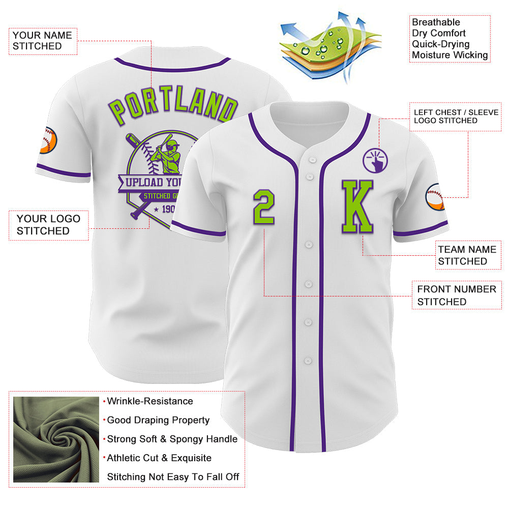 Custom White Neon Green-Purple Authentic Baseball Jersey view 6