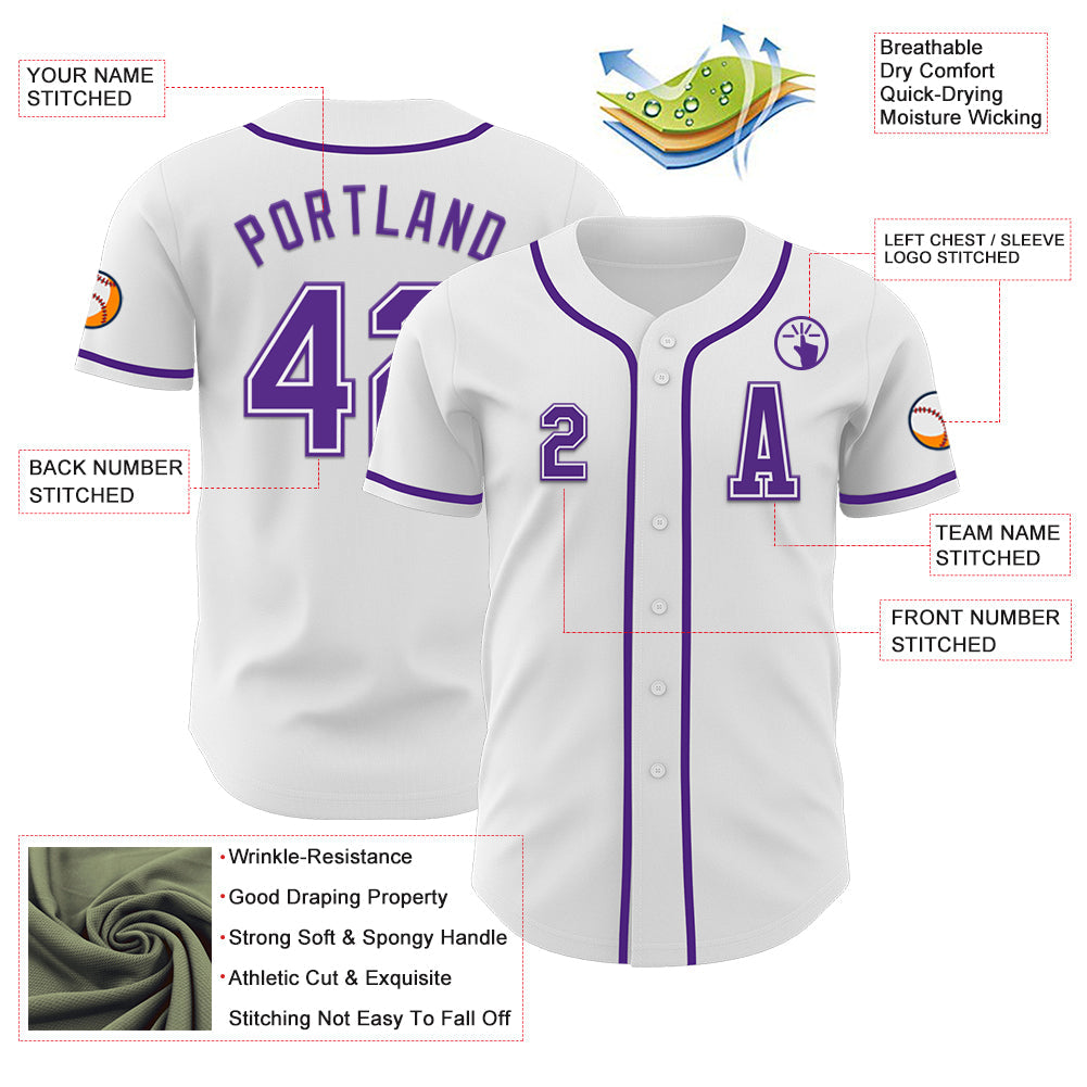 Custom White Purple Authentic Baseball Jersey view 2