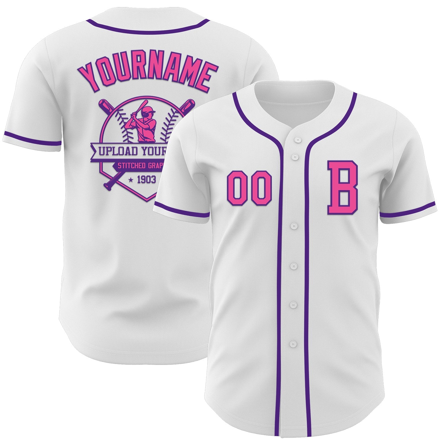 Custom White Pink-Purple Authentic Baseball Jersey view 5